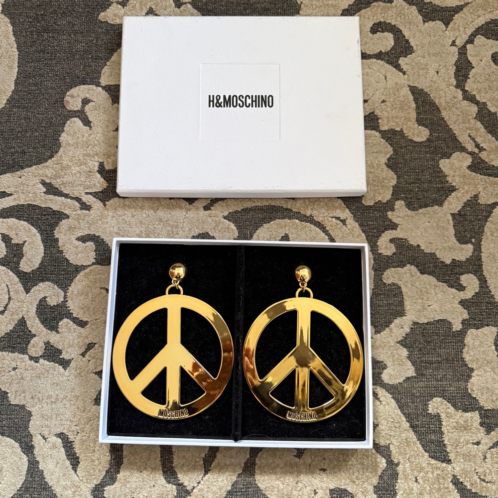 H&M x Moschino Gold Peace Sign Drop Earrings